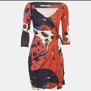 Diane Von Furstenberg Silk Wrap Dress Size 12 Red Blue Peacock Floral Side Tie